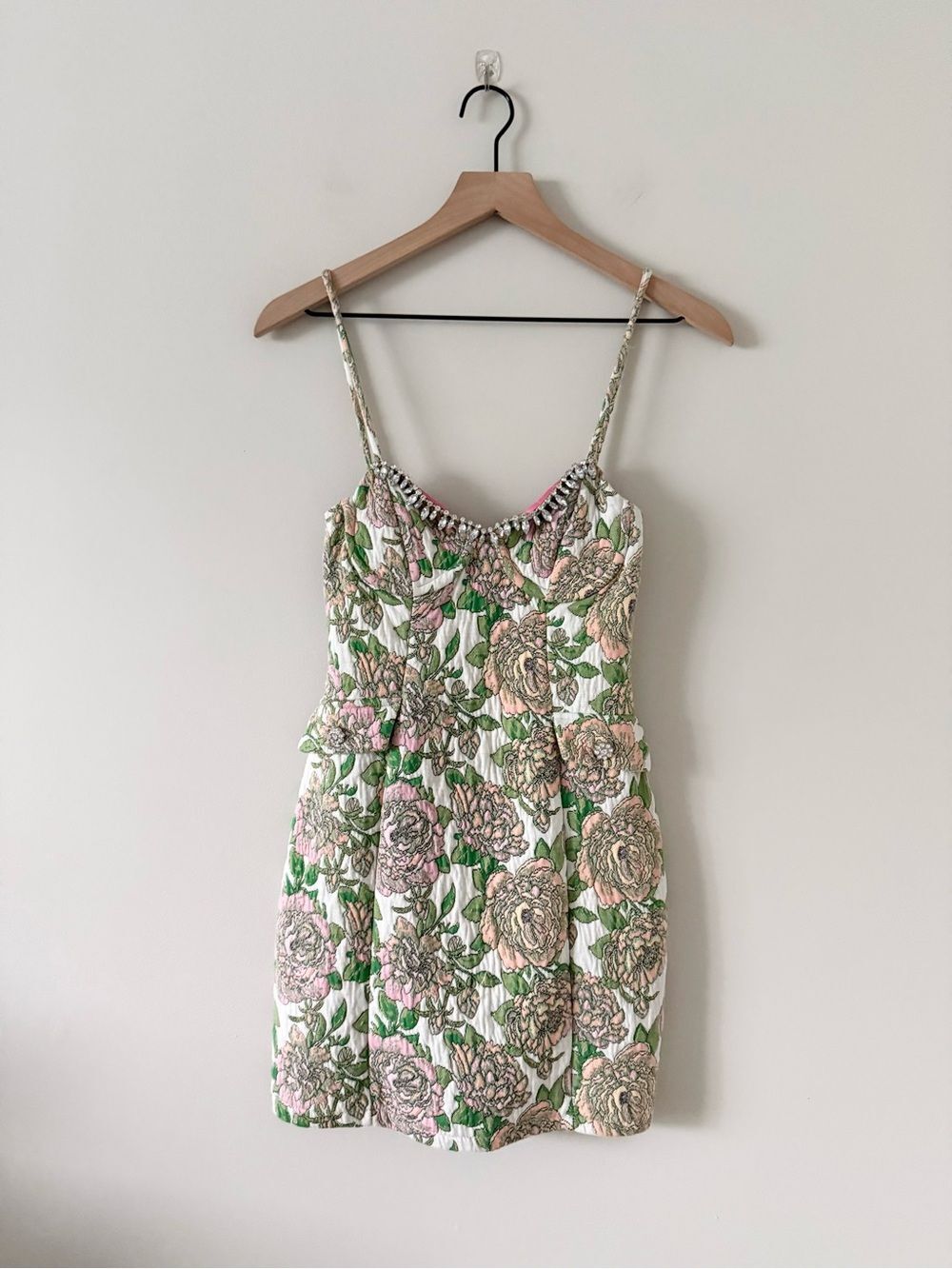 NWT Zara Floral Jacquard Mini Dress with Rhinestone Accents Neckline - Size S